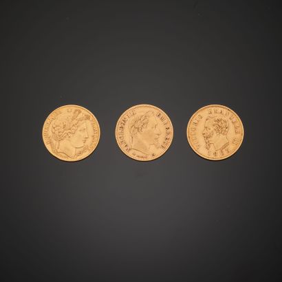 null Ensemble de trois pièces en or, deux de 10 Francs au profil de Napoléon III...