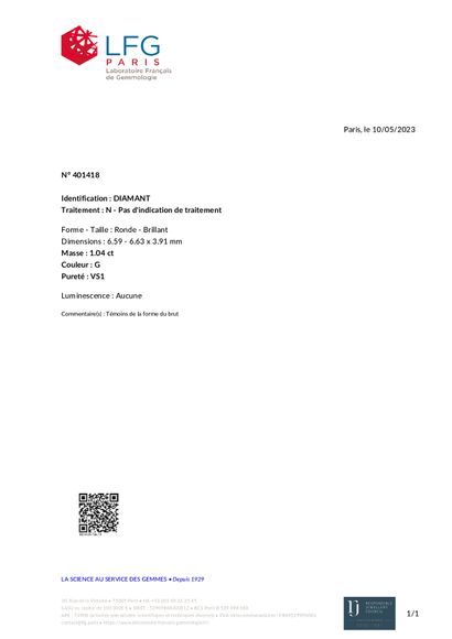 null Diamond on paper certified by the Laboratoire Français de Gemmologie as weighing...