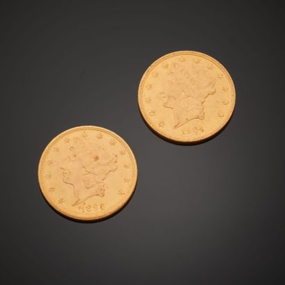 null Deux pièces en or de 20 Dollars américains datant de 1896 et 1904.
Diam. : 3,4...