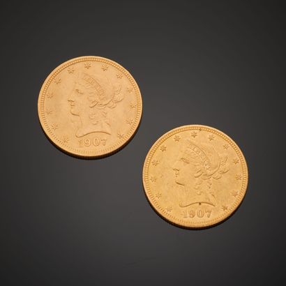 Two gold coins of 10 American Dollars dating...
