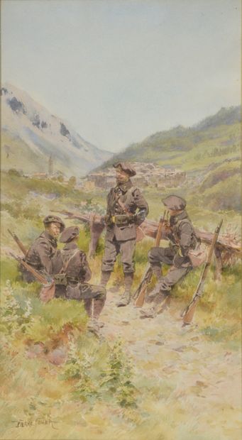 Pierre COMBA (1859-1934).
Military stopover.
Watercolor...