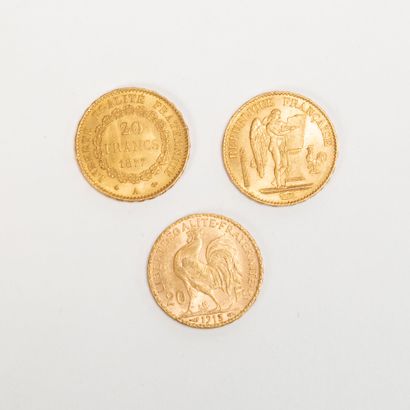 Ensemble de trois pièces en or de 20 Francs,...