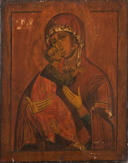 null Icône « La Vierge Marie Eléousa ».
Tempera sur bois (quelques éclats).
Russie,...
