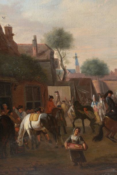 null Attribué à Jan Van HUCHTENBURCH (1647-1733).
Jour de kermesse à l'entrée d'une...