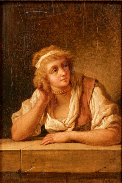 null Jérôme PREUDHOMME (1735-1810).
Deux femmes accoudées. 
Paire d'huiles sur panneaux...