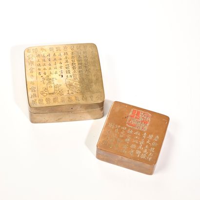 null CHINA. 
Two quadrangular engraved copper inkstone boxes with rounded corners,...