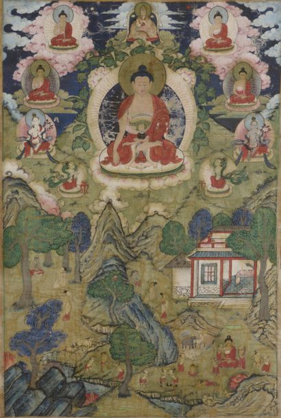 null TIBET.
Thangka, tempera on canvas, Amitayus seated in the center surrounded...