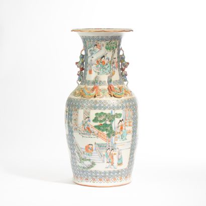 null CHINA. 
Polychrome enameled porcelain baluster vase decorated with figures in...
