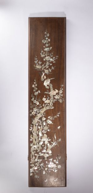 null VIETNAM.
Set of five wooden panels inlaid with mother-of-pearl, three of which...