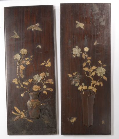 null JAPAN. 
Five rectangular panels, one pair in lacquer and bone inlaid wood with...