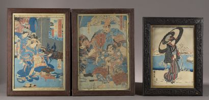 null JAPAN .
Set of three framed prints depicting warriors and courtesans (one glass...