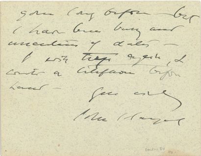 null John Singer SARGENT (1856-1925). L.A.S., Chelsea lundi, à Mrs Wirgmann ; 2 pages...