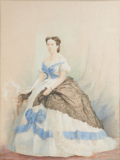 null French school of the 19th century.
Full-length portraits of a woman in crinoline...