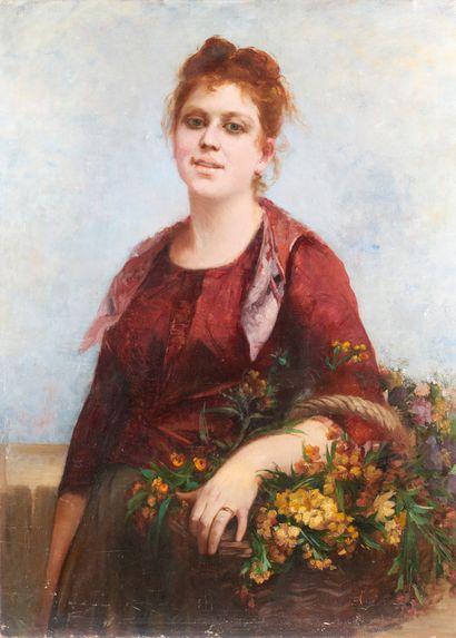 null Charles LANDELLE (1821-1908).
Portrait of a young woman carrying a bouquet of...