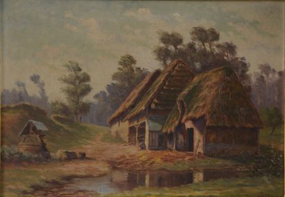 null 20th century French school.
Thatched cottages. 
Two oils on canvas, signed Sancy...