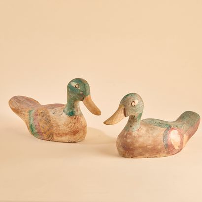 null Two green-necked duck decoys, carved and painted wood.
20th century.
Height...