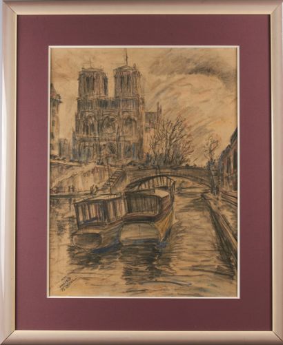 null Fernand LAVAL (1886 - 1966).
Notre Dame de Paris seen from the quays.
Charcoal...