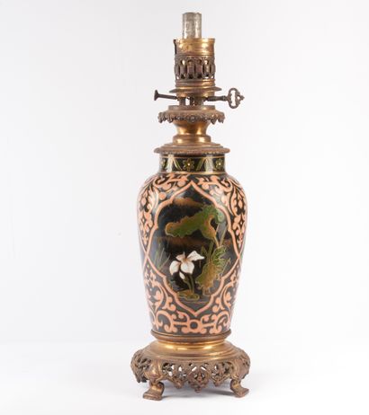 null Cloisonné enamel kerosene lamp decorated with white flowers and stylized motifs...