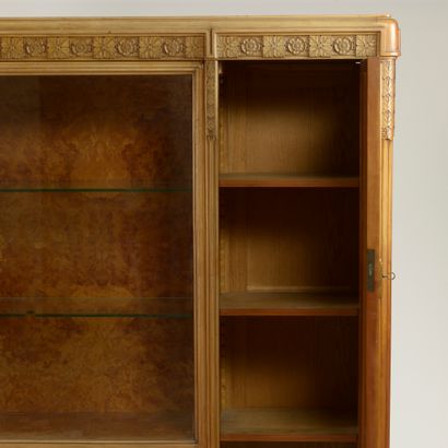 null Wooden bookcase with walnut burl veneer (insolate and raised) in molded and...