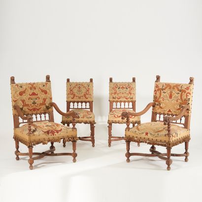 null Moulded, turned and carved (traces of xylophagous insects) walnut lounge furniture,...