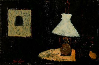 null René GENIS (1922-2004).

Still life with oil lamp and easel.

Oil on metal plate...