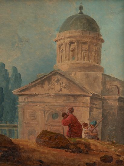 null Hubert ROBERT (1733-1808).
Landscape with a Roman church.
Canvas.
Height : 44.5...