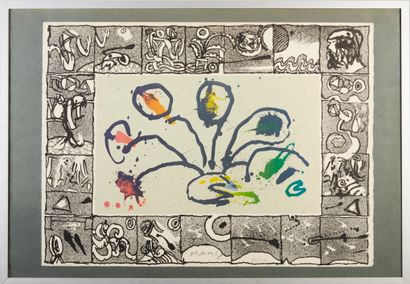  Pierre ALECHINSKY (né en 1927).
Bouquet de fleurs et encadrement de motifs en noir... Gazette Drouot