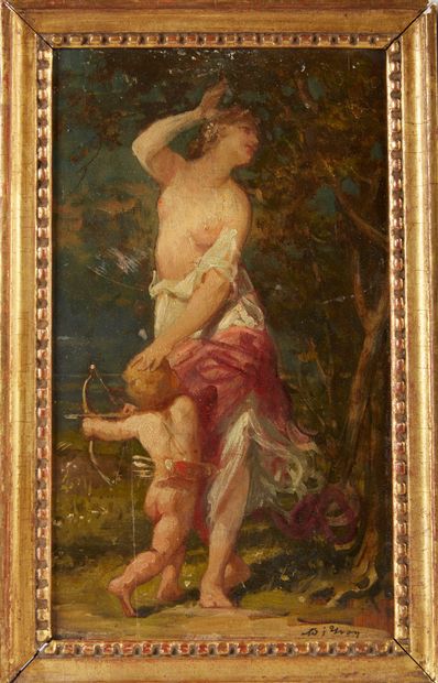 null Adolphe YVON (1817-1893).
Lovers and Nymphs. 
Pair of oils on panel, signed...