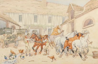 null Georges Louis Charles BUSSON (1859-1933).
Poste aux chevaux. 
Watercolor and...