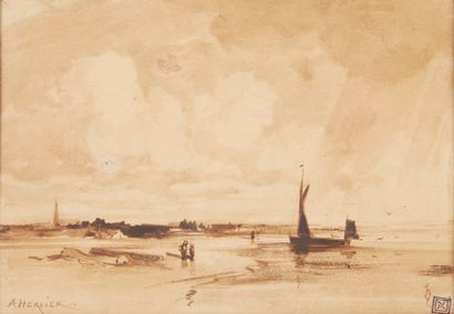 Adolphe Hervier (1818-1879). 
Bord de mer.
Plume...