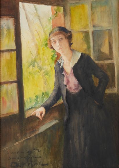 Allan OSTERLIND (1855-1938).
Femme à la fenêtre.
Aquarelle...