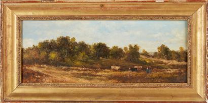 null French school of the 19th century. 
Cows and cowherds in a hilly landscape.
Oil...