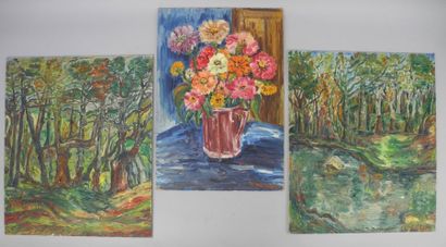 Motia Morhange Bouquet de fleurs, Paysages en sous bois Trois huiles sur carton,...