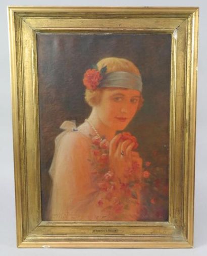 SERANDAT de BELZIM Femme à la Rose, huile sur toile signée et située Paris en bas...
