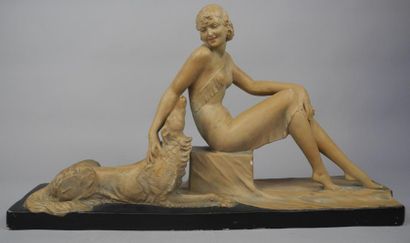 Salvatore MELANI (1902 - 1934) Jeune femme et son chien, plâtre patiné (éclats),...