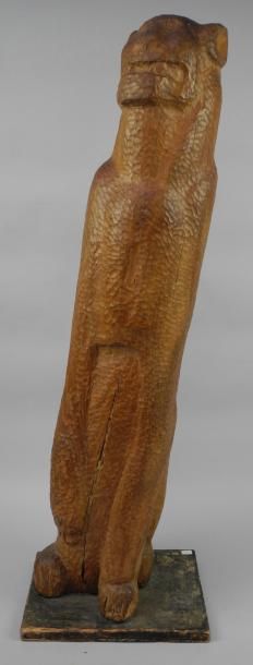 null Ref 15 - CONSTANTINOVSKI dit CONSTANT Félin assis en bois sculpté ciré (palmier?)...