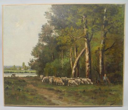 André GUILBERT, (XIXème siècle) Troupeau de moutons, Huile sur toile