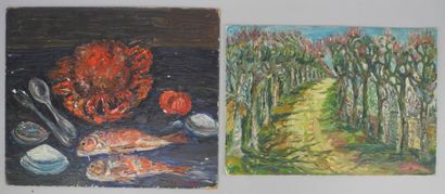 Motia Morhange Portrait, Nature morte aux rougets et Paysages Quatre huiles sur panneau,...