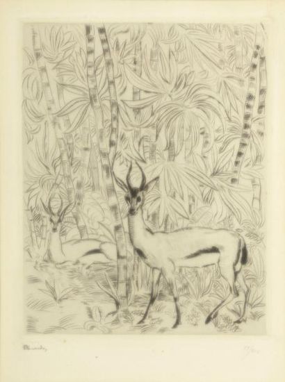 D'après André SUREDA (1872 - 1930) Deux antilopes dans la jungle Pointe sèche, signée...
