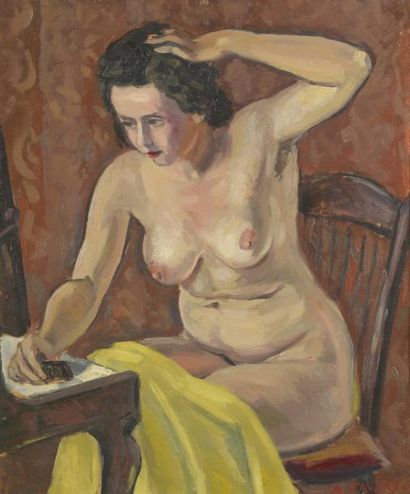 André FAVORY (1888 - 1937) Femme nue à sa toilette Huile sur carton, signée en bas...