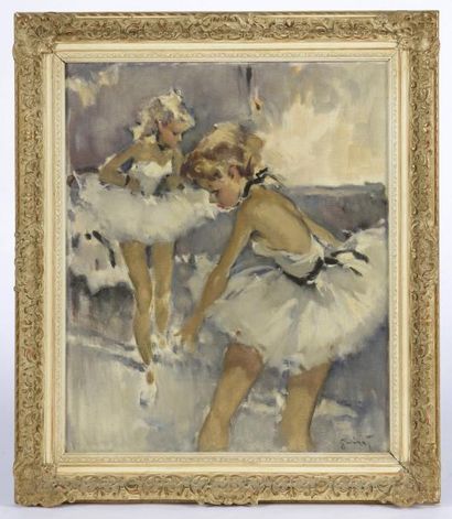 Pierre Grisot (1911 - 1995) Deux jeunes ballerines Huile sur toile, signée en bas...