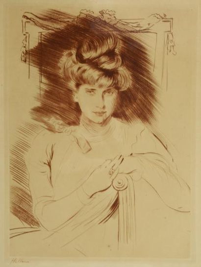 D'après Paul-César HELLEU (1859 - 1927) Jeune femme de face, le bras appuyé sur un...