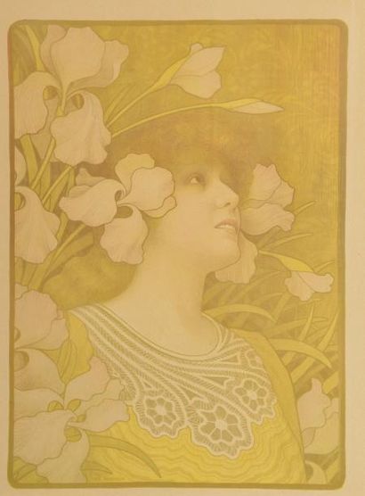 D'après Paul Émile BERTHON (1872 - 1909) «Sarah aux iris» Lithographie originale,...