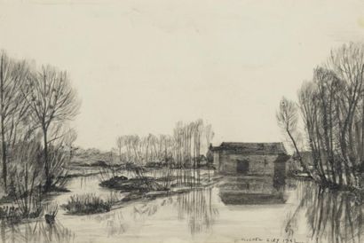 Michel CERY (né en 1919) L'étang Encre de Chine, signée et datée 1942 en bas à droite...