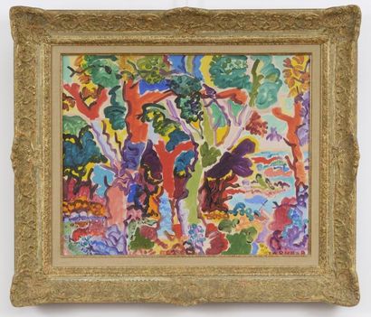 Charles LAPICQUE (1898 - 1988) «Petit bois en Bretagne» Huile sur toile, signée en...
