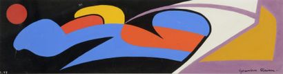 Geneviève CLAISSE (née en 1935) Composition en bleu, rouge, jaune et mauve sur fond...