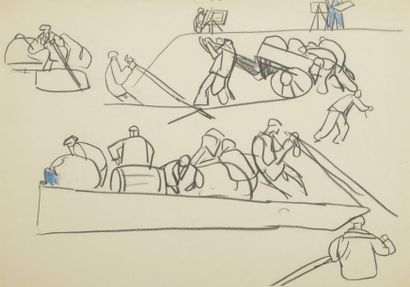 MATHURIN MEHEUT (1882 - 1958) Étude: dessinateur à son chevalet, ramasseur de goémons...