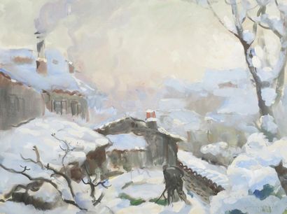 Joseph Paul MESLÉ (1855 - 1929) Paysage de neige Aquarelle et gouache, signée et...