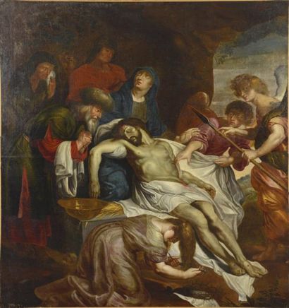 École Flamande du XVIIe siècle La déploration du Christ. Huile sur toile (rentoilée...