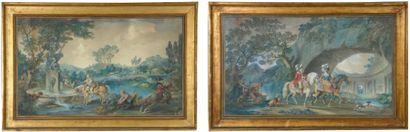 École Allemande du XVIIIe siècle Paysages animés de personnages et cavaliers. Deux...